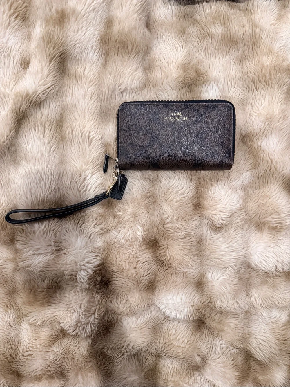 COACH Signature Zip-Around Wristlet Wallet – Brown & Black